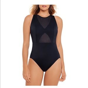 Time and Tru Ribbed Mesh One Piece Swimsuit Black Size Large (12-14)